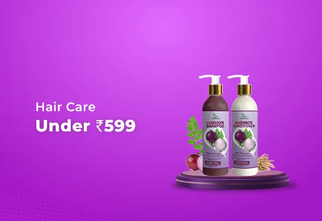Two hair care bottles on a purple background with promotional text for an Ayurvedic hair care routine under 599.