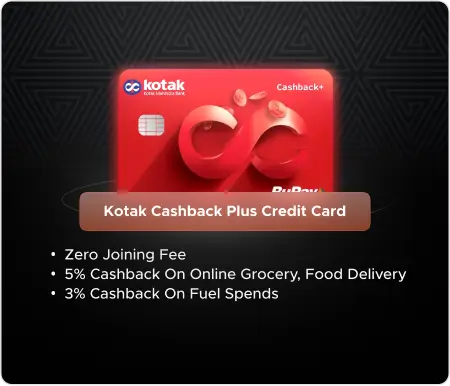 A promotional image for the Kotak Cashback Plus Credit Card against a dark background, featuring a bright red credit card graphic alongside listed cashback benefits