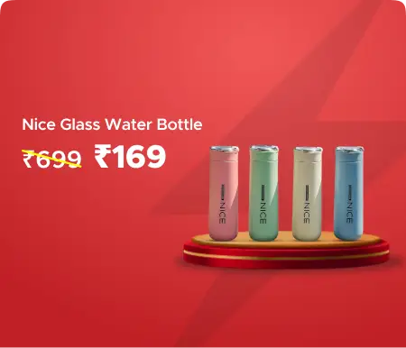 Four colorful 400 ml glass water bottles lined up against a bright red background with promotional text showing a price of 169 Rupees
