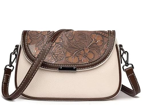 A women's crossbody sling bag featuring a dark, textured brown floral-embossed flap and a lighter cream-colored lower body with a dark shoulder strap.